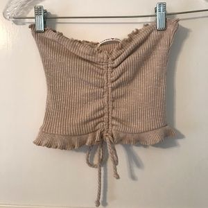 Tan tie, rouched front tube top crop top